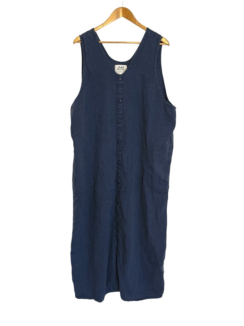 FLAX Jeanne Engelhart Maxi Dress 100% Linen Button Up Pockets Blue Boho Size 2G